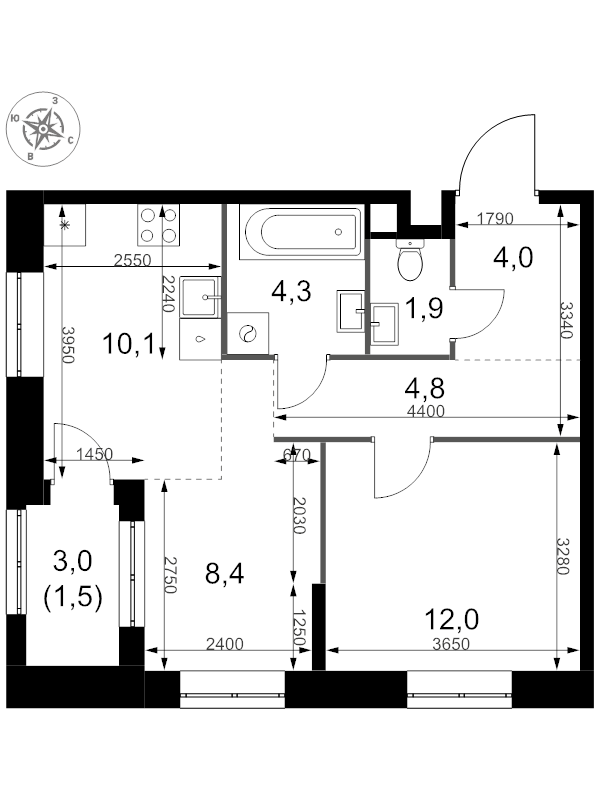 2 ккв (Евро) 47 м²