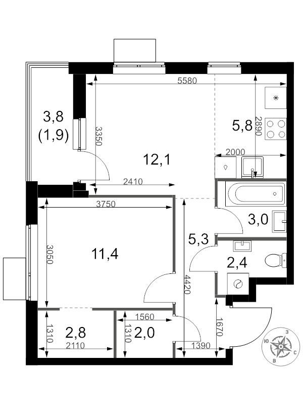 2 ккв (Евро) 46,7 м²