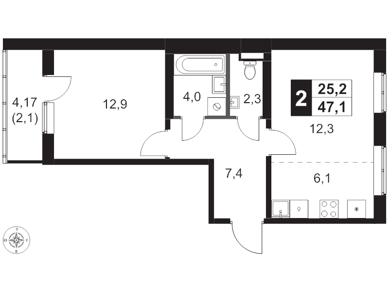 2 ккв (Евро) 47,1 м²