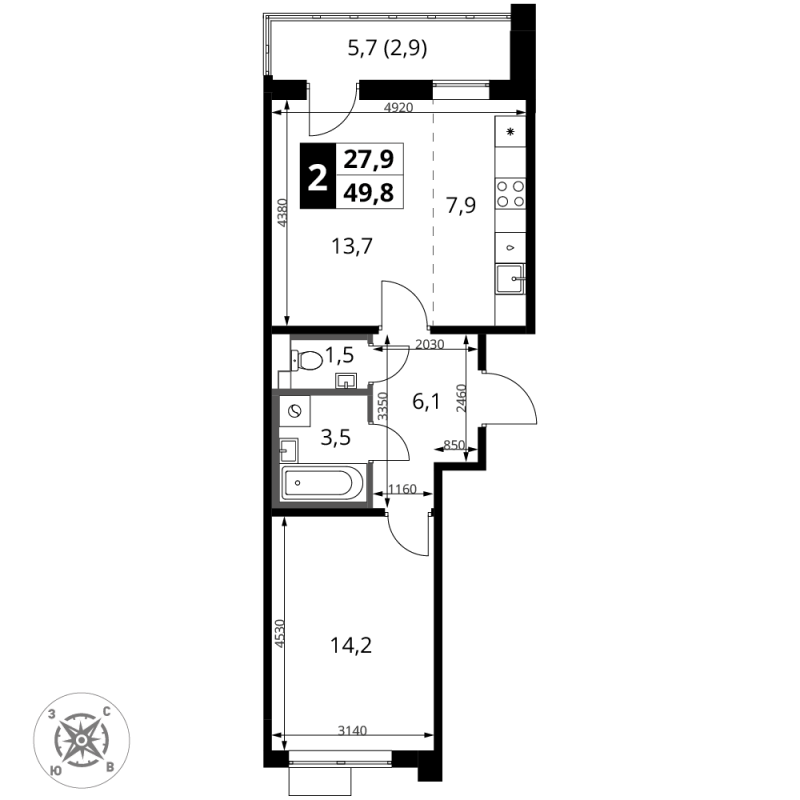 2 ккв (Евро) 49,8 м²