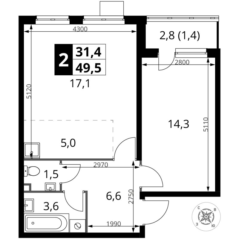 2 ккв (Евро) 49,5 м²