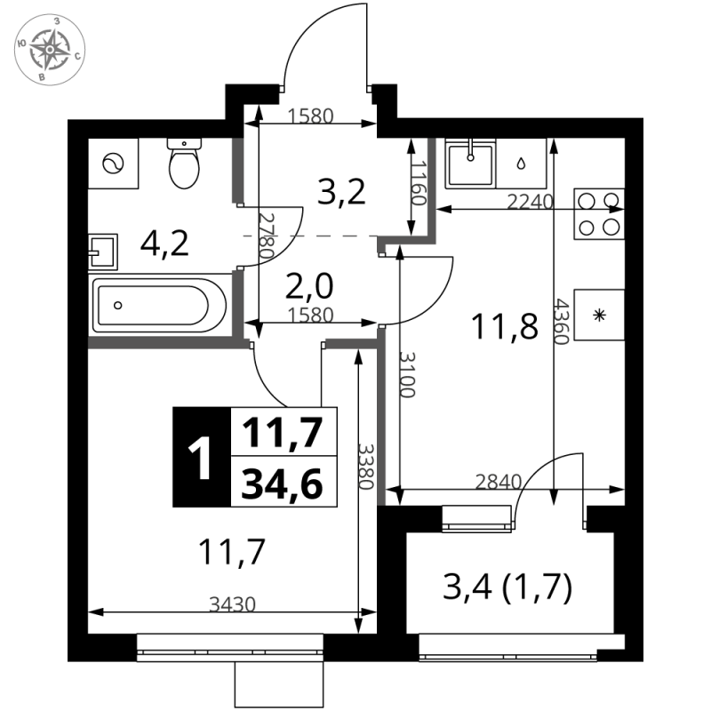 1 ккв 34,6 м²