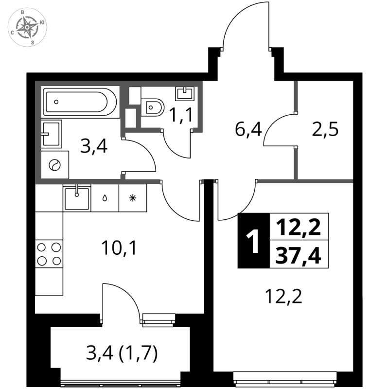 1 ккв 37,4 м²