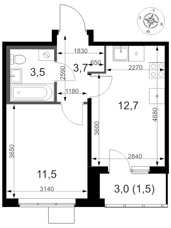 1 ккв 33,5 м²
