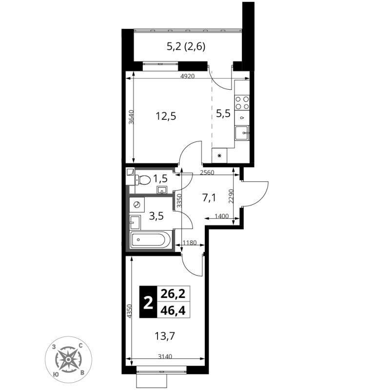 2 ккв (Евро) 46,4 м²