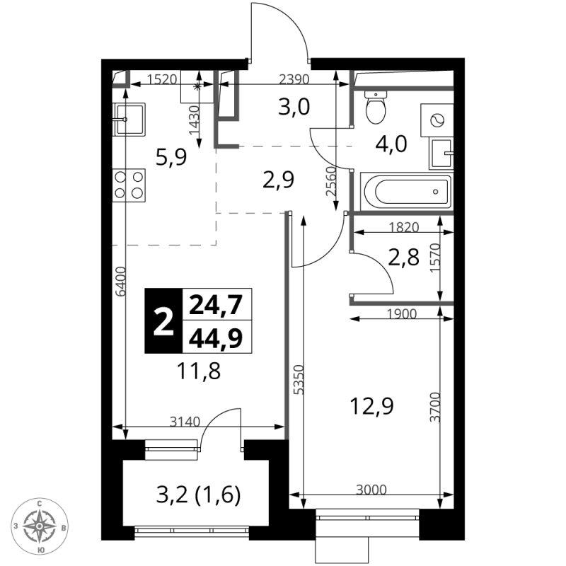 2 ккв (Евро) 44,9 м²