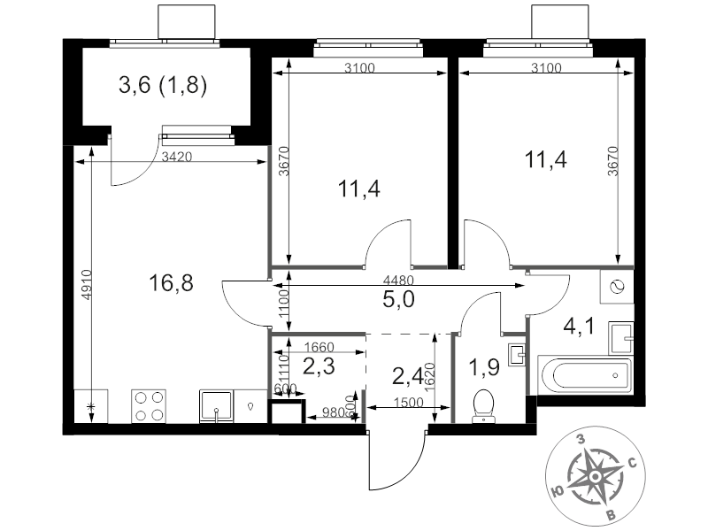 3 ккв (Евро) 57,1 м²