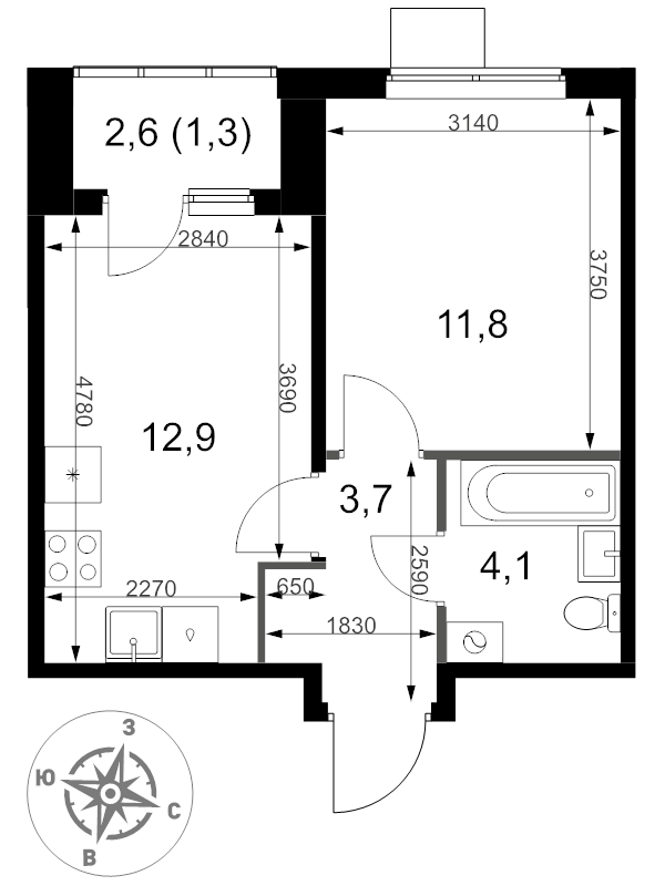1 ккв 33,8 м²