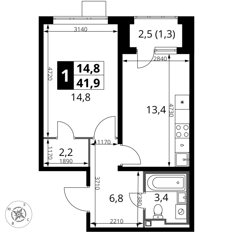 1 ккв 41,9 м²