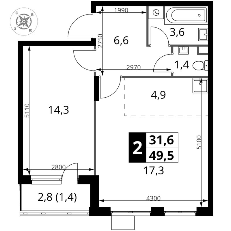 2 ккв (Евро) 49,5 м²