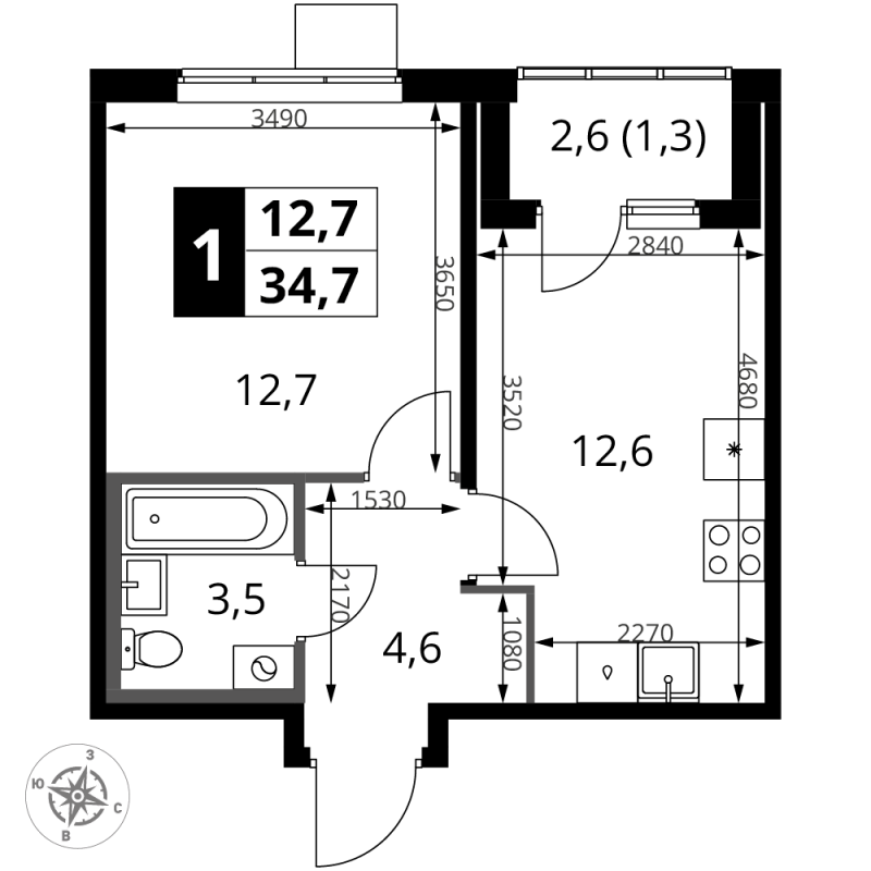 1 ккв 34,7 м²