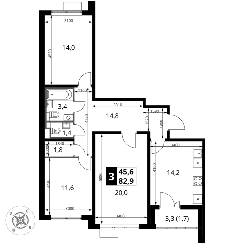 3 ккв 83 м²