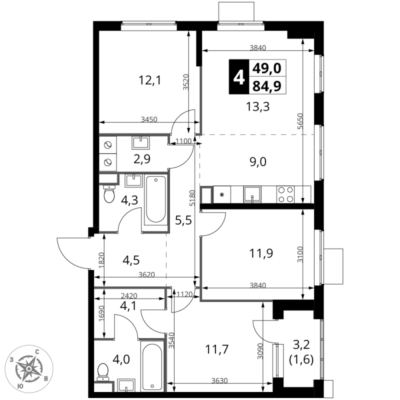 4 ккв (Евро) 84,9 м²