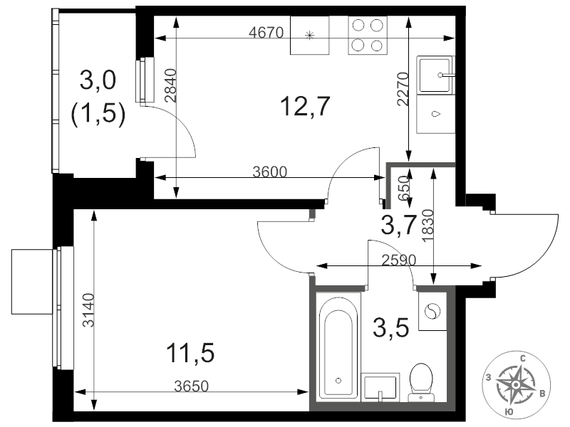 1 ккв 33,5 м²