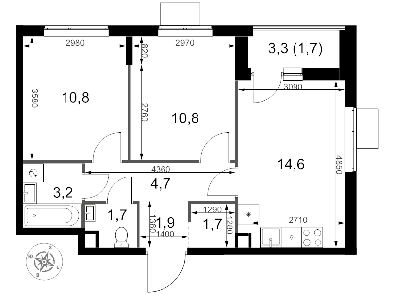 2 ккв 51,1 м²