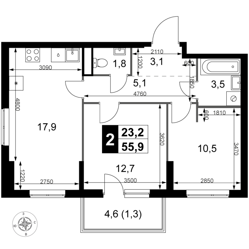 3 ккв (Евро) 55,9 м²