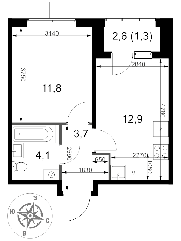 1 ккв 33,8 м²