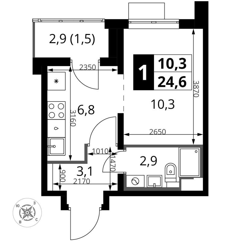 Студия 25 м²