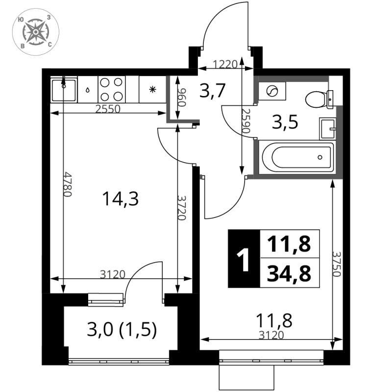 1 ккв 34,8 м²