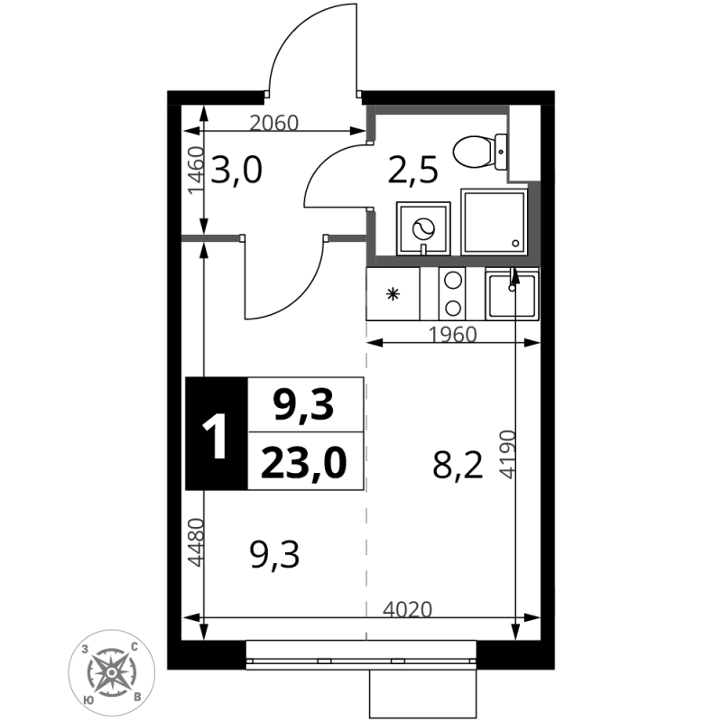 Студия 23 м²