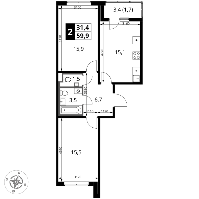 3 ккв (Евро) 59,9 м²