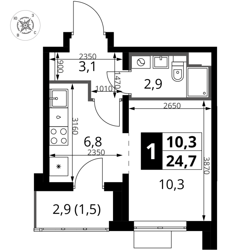 Студия 25 м²