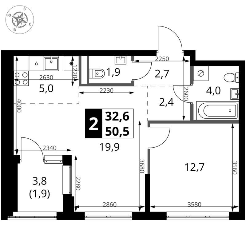 2 ккв (Евро) 51,2 м²