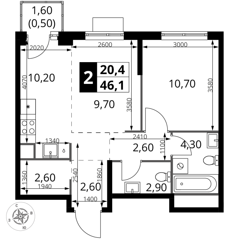 2 ккв (Евро) 46,1 м²
