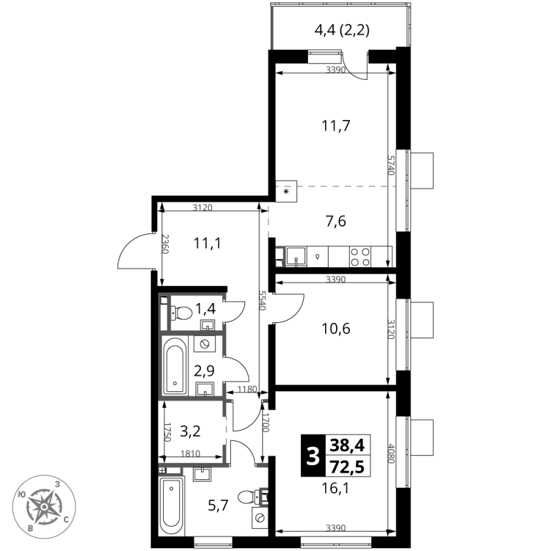 3 ккв (Евро) 72,5 м²