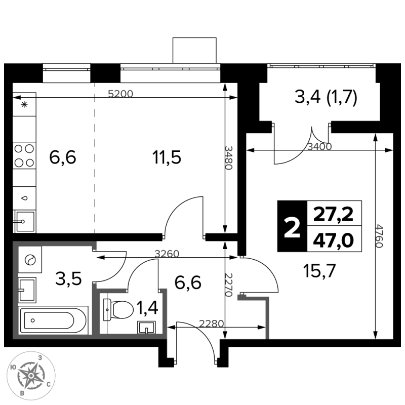 2 ккв (Евро) 47 м²
