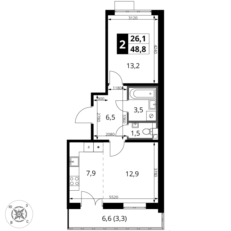 2 ккв (Евро) 48,8 м²