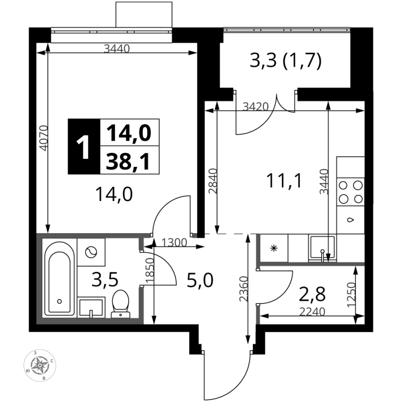 1 ккв 38,1 м²