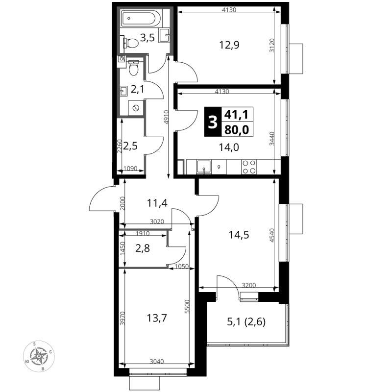 3 ккв 80 м²