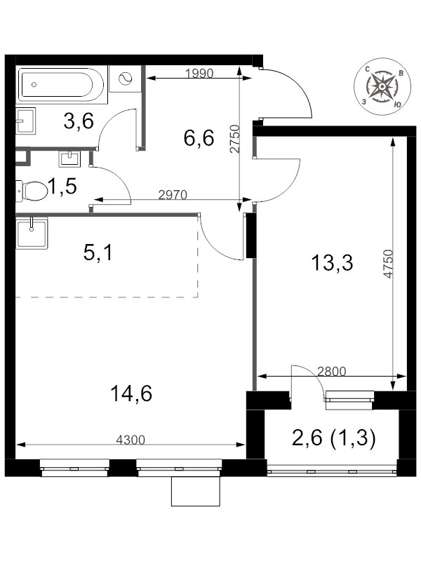 2 ккв (Евро) 46 м²