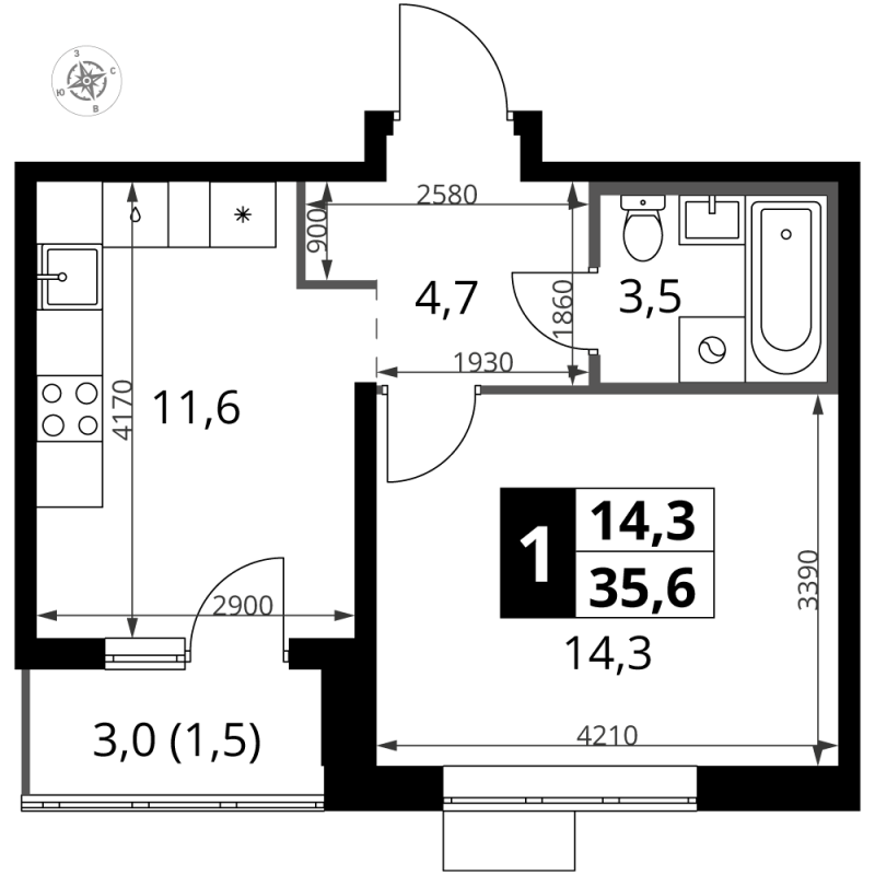 1 ккв 35,6 м²