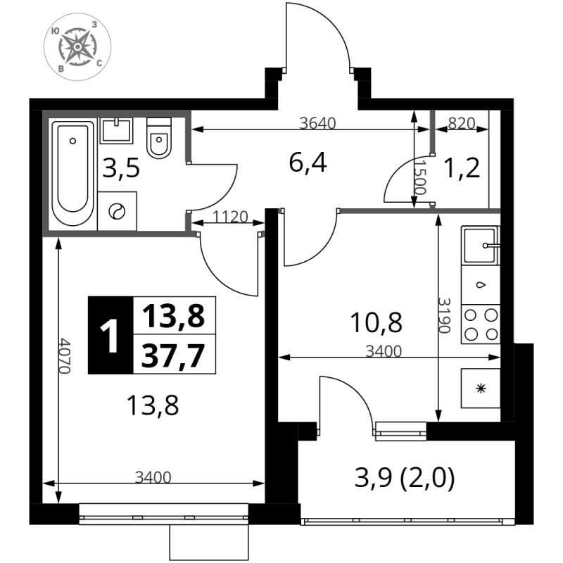 1 ккв 38 м²