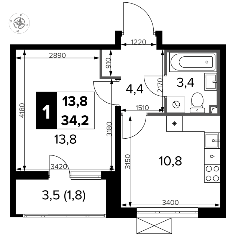1 ккв 34,5 м²