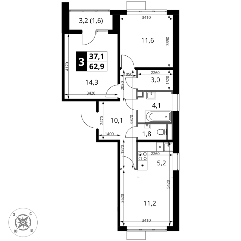3 ккв (Евро) 62,9 м²