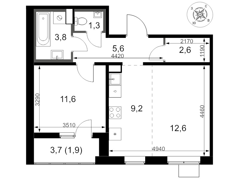 2 ккв (Евро) 48,6 м²