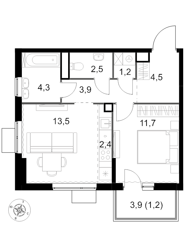 2 ккв (Евро) 45,2 м²