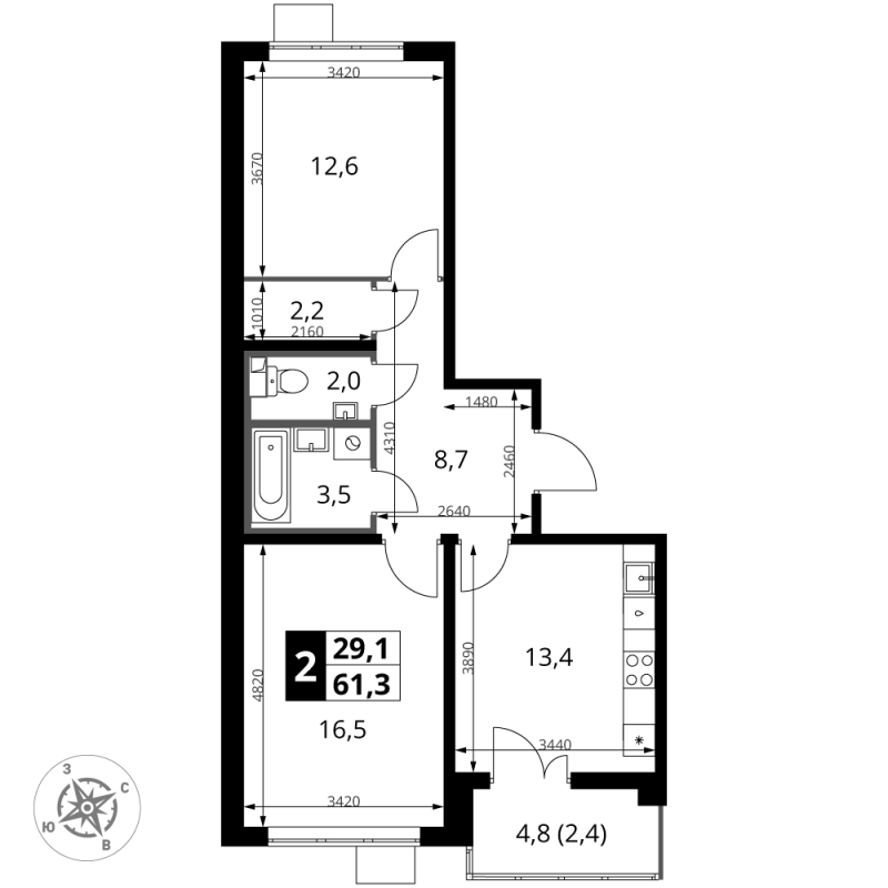 2 ккв 61,3 м²