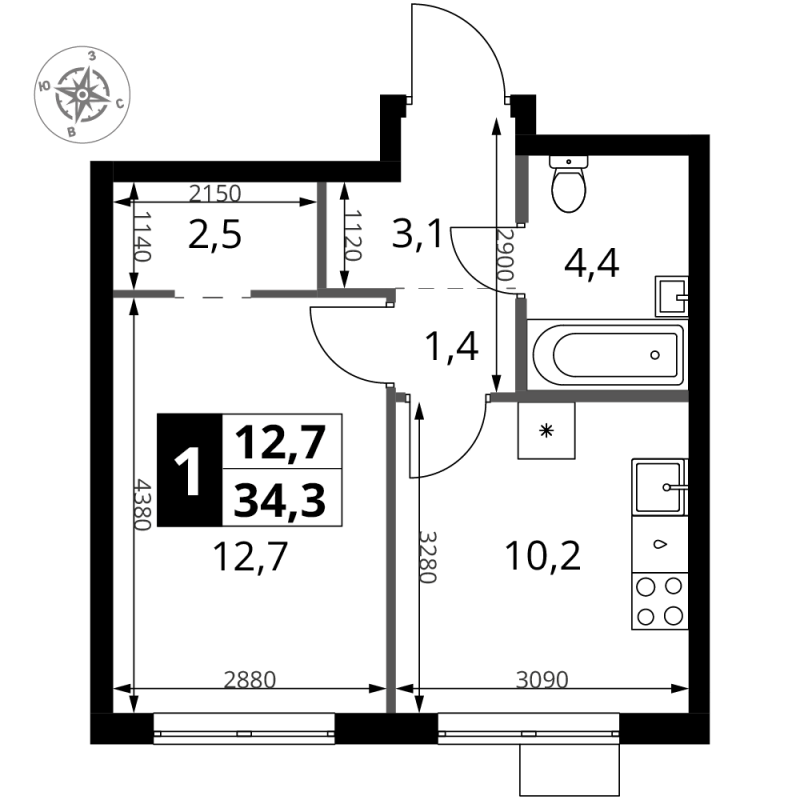 1 ккв 34,3 м²