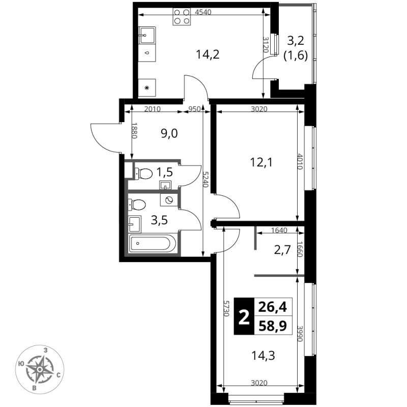 2 ккв 58,9 м²
