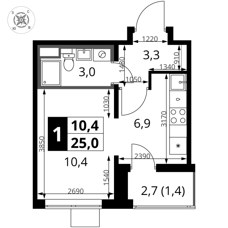 Студия 25 м²