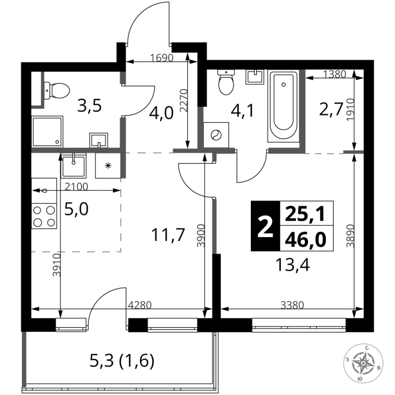 2 ккв (Евро) 46,9 м²