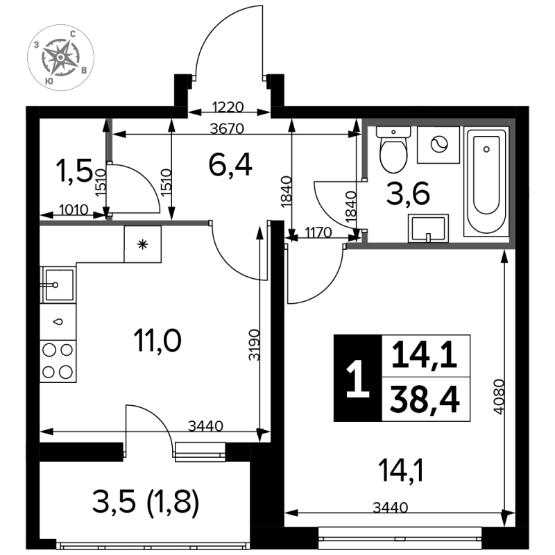 1 ккв 38,1 м²