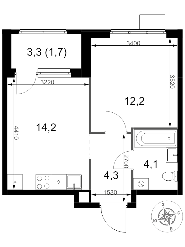 1 ккв 36,5 м²