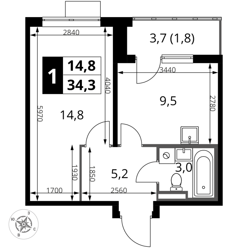 1 ккв 34,3 м²