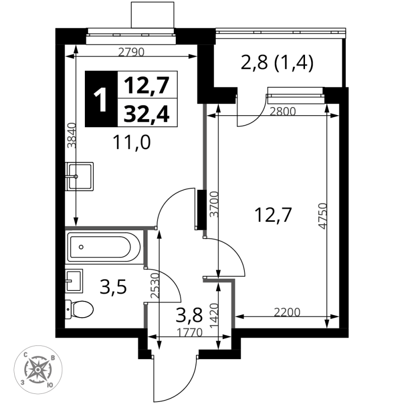 1 ккв 32,4 м²