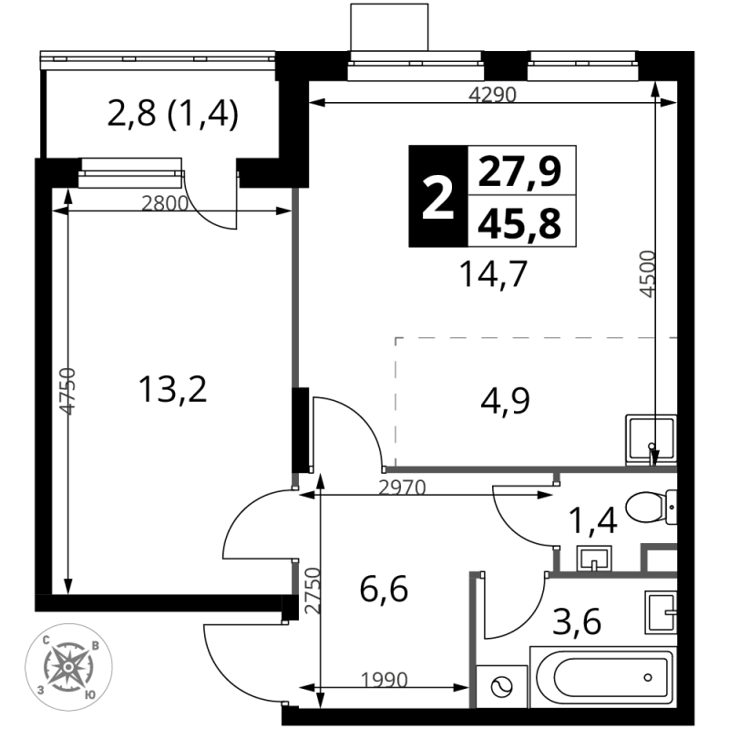 2 ккв (Евро) 45,8 м²